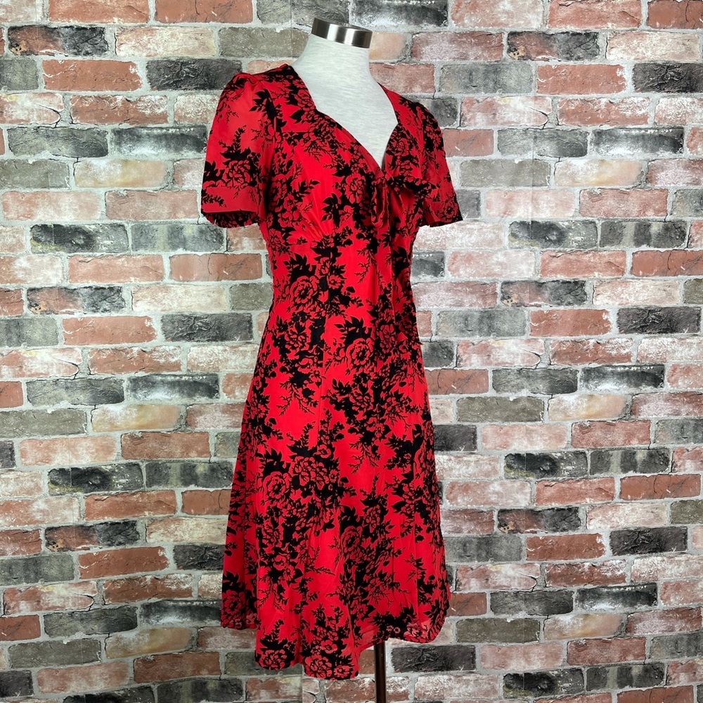 Voodoo Vixen Red Retro 50s Britanny Flocked Chiffon Rose Dress